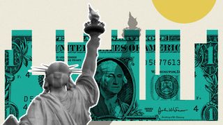 Illustration of a the statue of liberty in front of a skyline made out of a dollar bill
